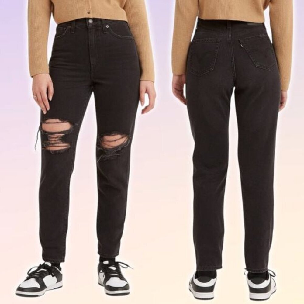 NWT LEVI'S High Waisted Mom Black Destructed Jeans Size 25